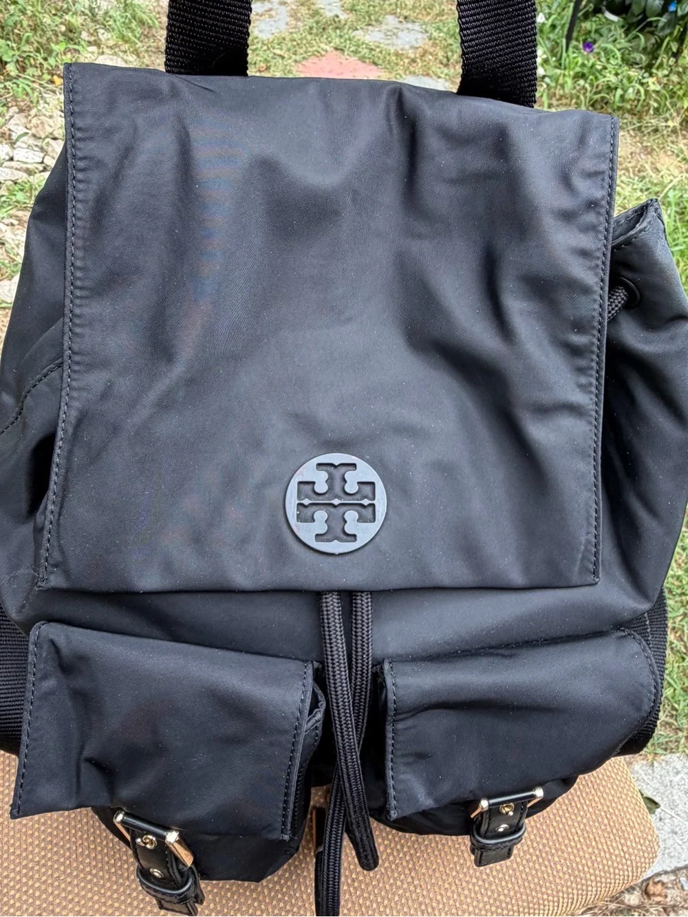 Tory Burch Black Nylon Backpack with Front Pockets Gold hardware Front logo